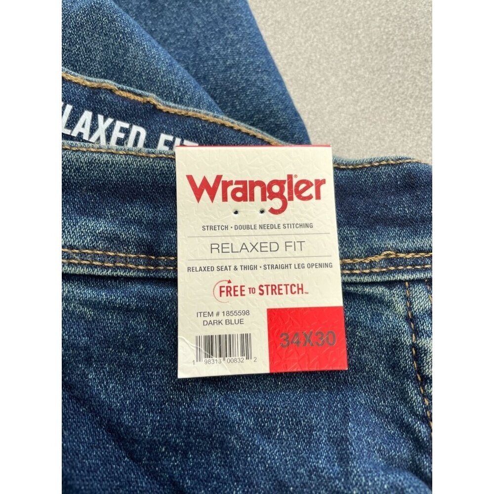 NEW Wrangler Men's 34X30 Relaxed Fit Straight Leg Jeans Stretch Denim Dark Blue - Picture 5 of 9